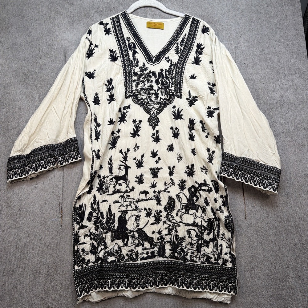 Embroidered Toile Print Tunic Top White Long Sleeve Boho Small Sana Safinaz
